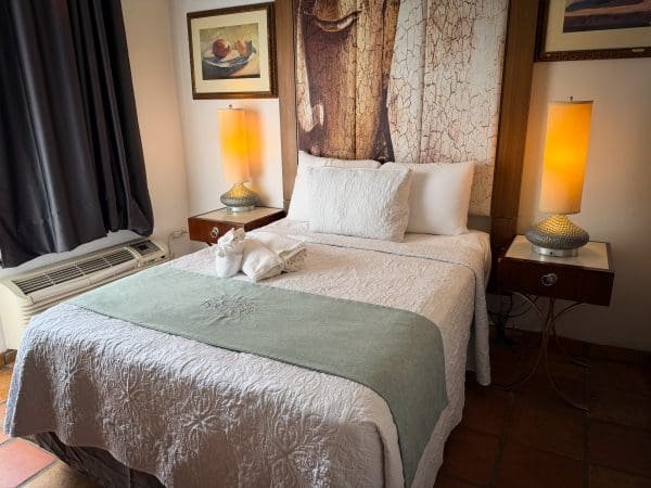 Full Economy room at At Wind Chimes Boutique Hotel in San Juan, Puerto Rico — full bed with nature bark artwork headwall, sage green coverlet, and warm dual lamp lighting