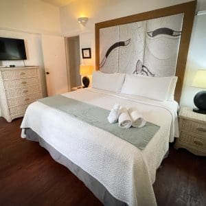 Standard King room at At Wind Chimes Boutique Hotel in San Juan, Puerto Rico — king bed with monochromatic cracked-earth original artwork headwall, dark hardwood floors, and white wicker furnishings